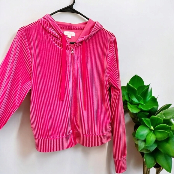 Colsie Hot Pink Velour Full Zip up Ribbed Sweatshirt - Picture 3 of 7